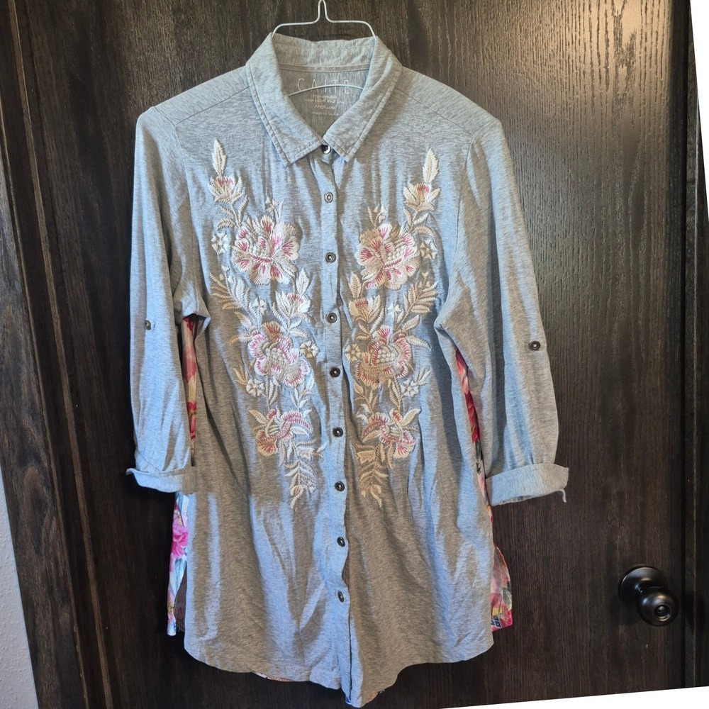 Caite Gray Embroidered Floral Mixed Media Button Down Tunic Top Medium